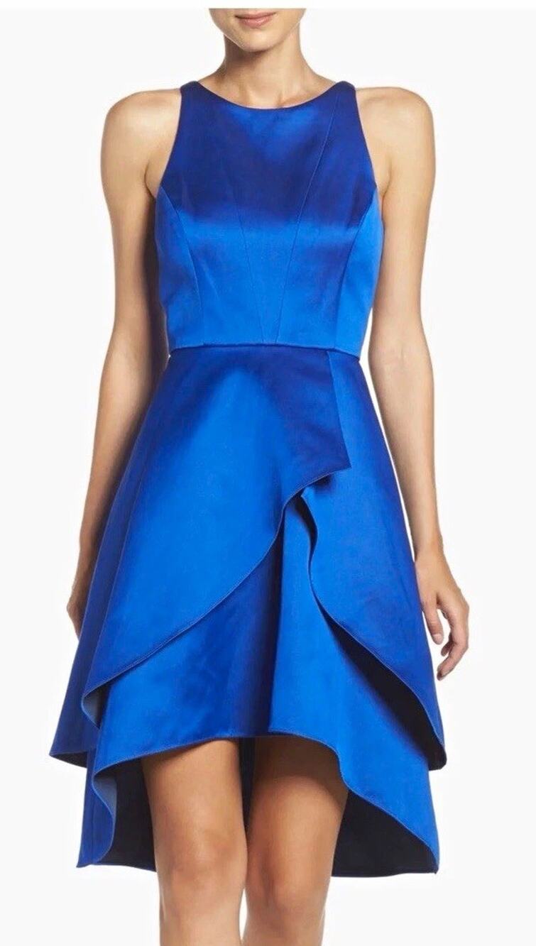 NWT Shoshanna Midnight Romana Satin Fit & Flare Asymmetrical Dress Blue Size 6